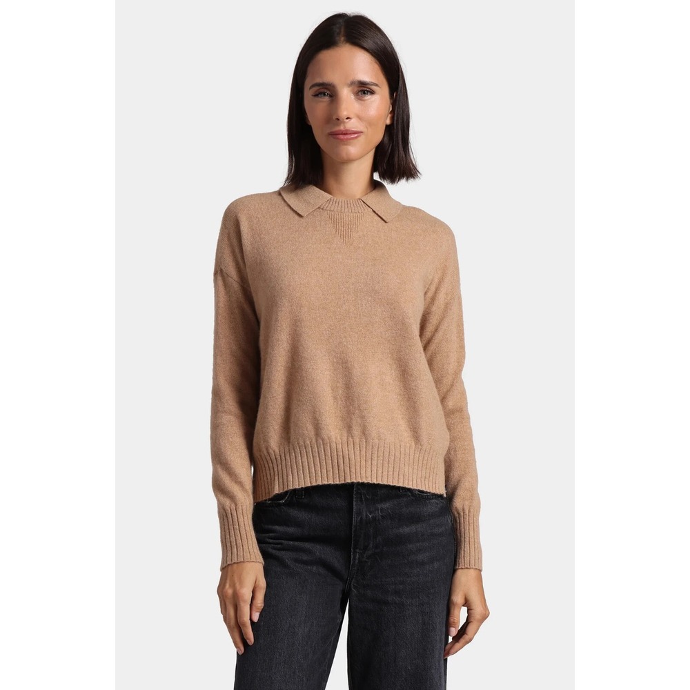 MINNIE ROSE Camel Sweater Cash Crew Neck With Collar Pullover Cashmere XS  $334